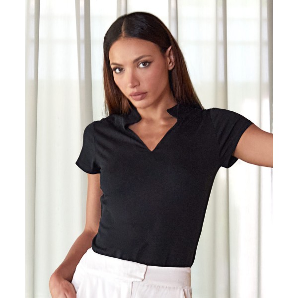 Top da donna a maniche corte con scollo a V e colletto alla coreana (vestibilità regolare) - cod. RWKK770