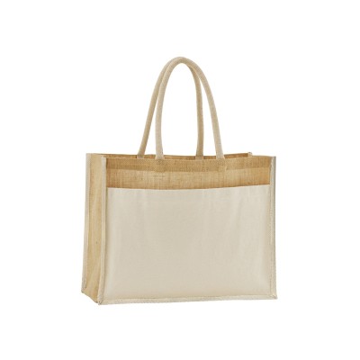 Borsa shopper in juta inamidata naturale con tasca in cotone