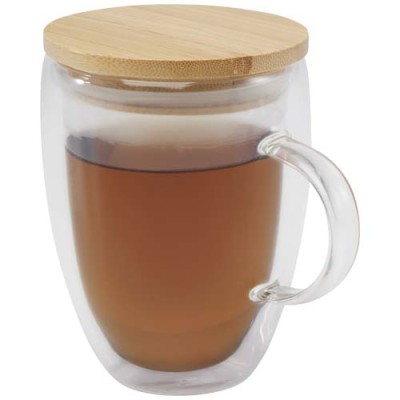 Tazza in vetro da 350 ml con coperchio in bambù Leona - cod. P113418 Tazza in vetro da 350 ml con coperchio in bambù Leona - cod. P113418