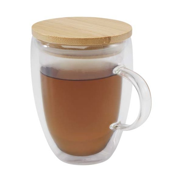 Tazza in vetro da 350 ml con coperchio in bambù Leona - cod. P113418