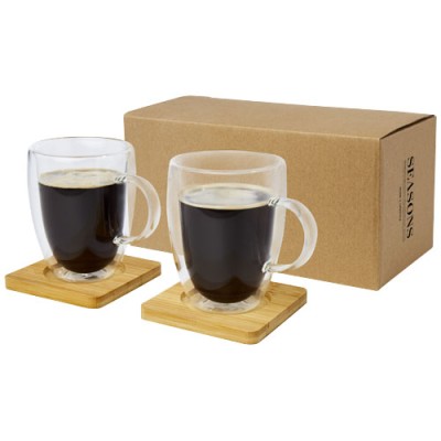 Set di 2 tazze in vetro a doppia parete da 350 ml con sottobicchiere in bambù Manti Set di 2 tazze in vetro a doppia parete da 350 ml con sottobicchiere in bambù Manti