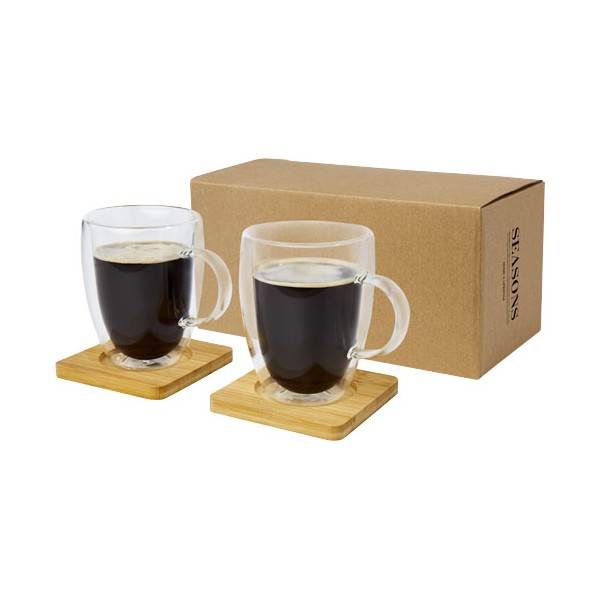 Set di 2 tazze in vetro a doppia parete da 350 ml con sottobicchiere in bambù Manti  - cod. P113316
