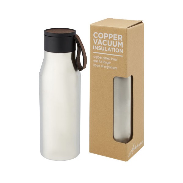 Borraccia in acciaio inossidabile da 500 ml con isolamento sottovuoto in rame, coperchio e cinturino in finta pel - cod. P100668