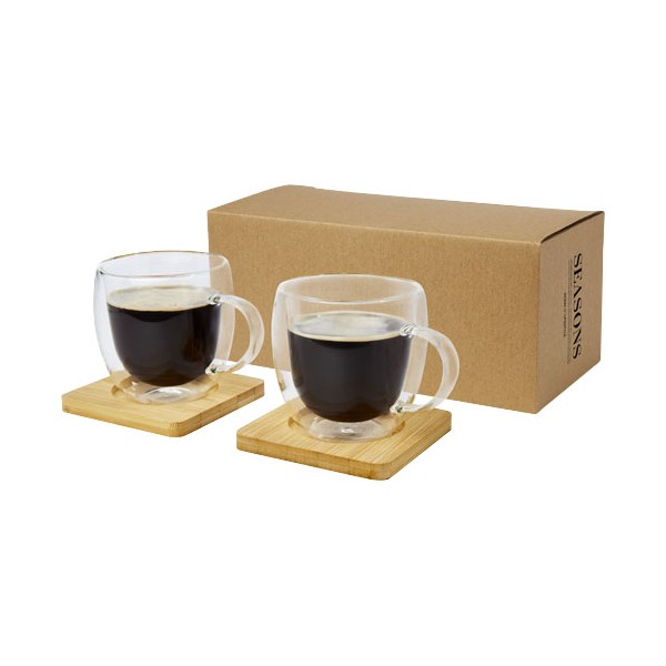 Set di 2 tazze in vetro a doppia parete da 250 ml con sottobicchiere in bambù Manti  - cod. P113315