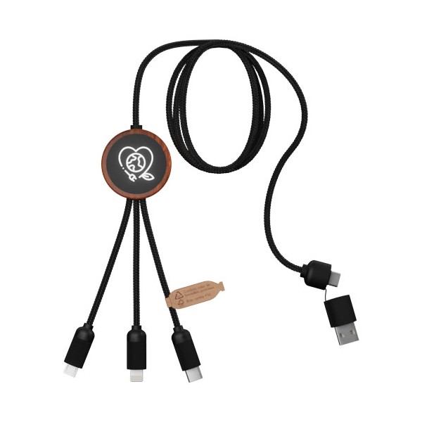 Cavo di ricarica 5 in 1 in rPET riciclato con logo luminoso e custodia rotonda in legno SCX.design C37 - cod. P2PX071