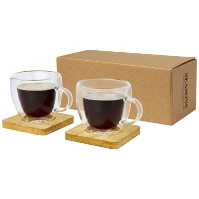 Set di 2 tazze in vetro a doppia parete da 100 ml con sottobicchiere in bambù Manti Set di 2 tazze in vetro a doppia parete da 100 ml con sottobicchiere in bambù Manti