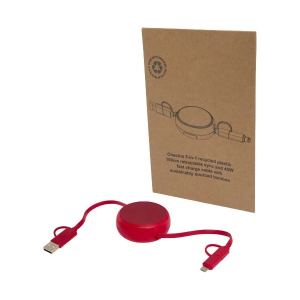 Cavo retrattile 5 in 1 da 100 cm in plastica riciclata e alluminio per la sincronizzazione dei dati e la ricarica - cod. P124420