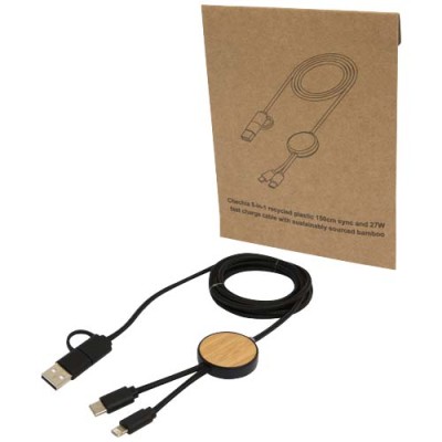 Cavo 5-in-1 in plastica riciclata da 150 cm per la sincronizzazione dei dati e la ricarica rapida da 27 W con dettagli in bambù