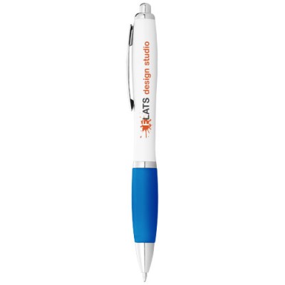 Penna a sfera con fusto bianco e impugnatura colorata Nash (inchiostro blu) Penna a sfera con fusto bianco e impugnatura colorata Nash (inchiostro blu)
